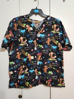 Curious George Monkey Scrub Top Women's 2XL Black Painting The Town Print